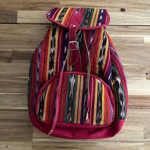Handmade Guatemala Backpack Woven / Leather / Suede Pink Multicolor